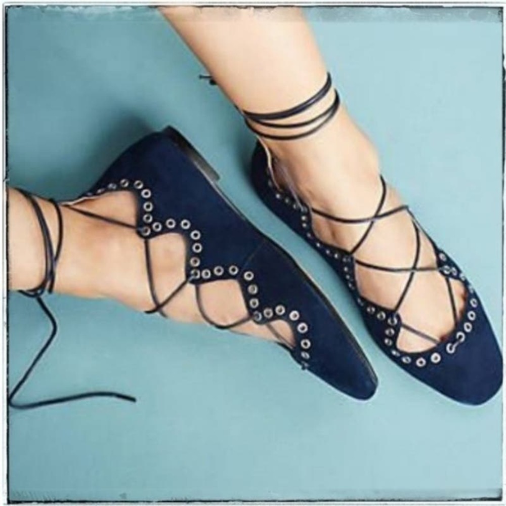 Anthropologie Navy SilentD Utahlia Grommet Lace up ballet flat Size 36 US size 6